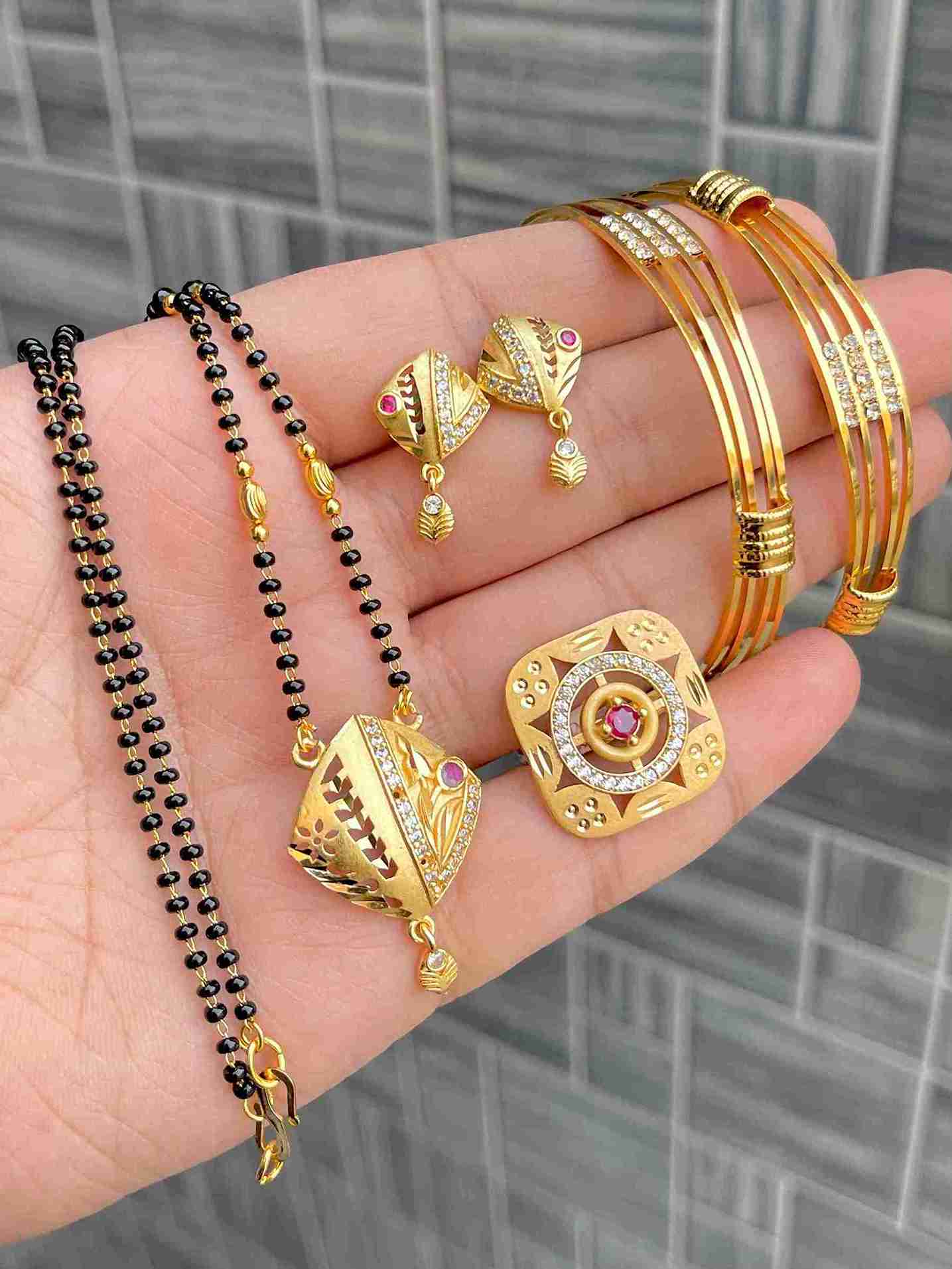 Gold Plated Mangalsutra With Tops Ad Adjustable Ring With Bangle Combo